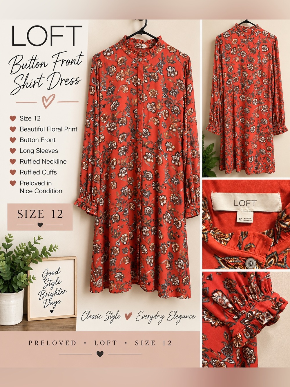 🌺 LOFT Floral Button Front Shirt Dress – Size 12 Preloved
